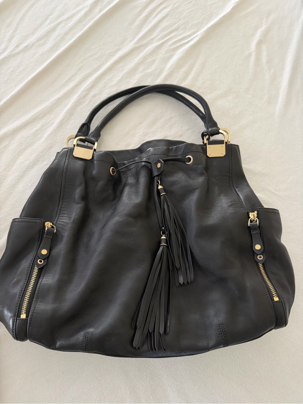 Black Tassel Leather Tote Bag - Classic Women's Handbag